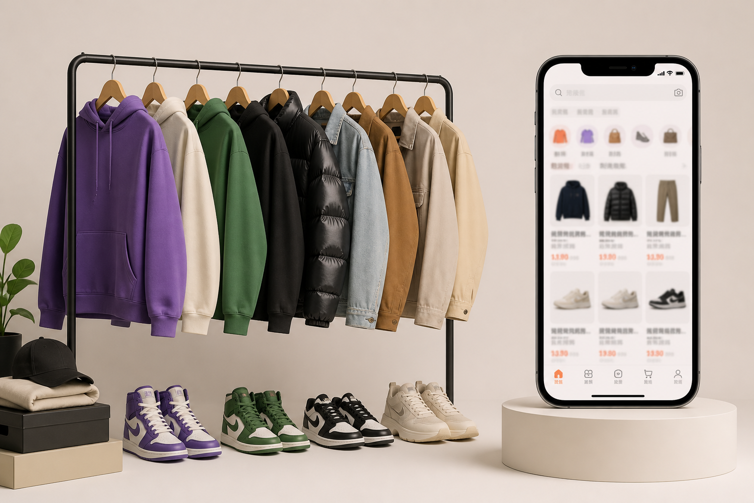 Streetwear и кроссовки рядом со смартфоном с китайским маркетплейсом
